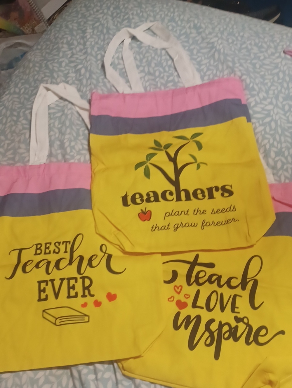 Yellow & Pink Teacher Canvas Tote Bag - Unbranded - 3 totes one price